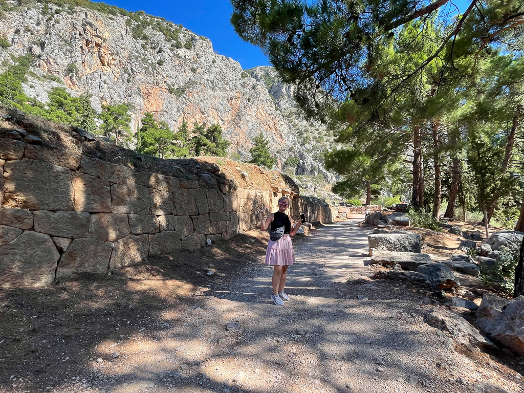 Sook hiking along the Delphi Stadium wall - Delphi